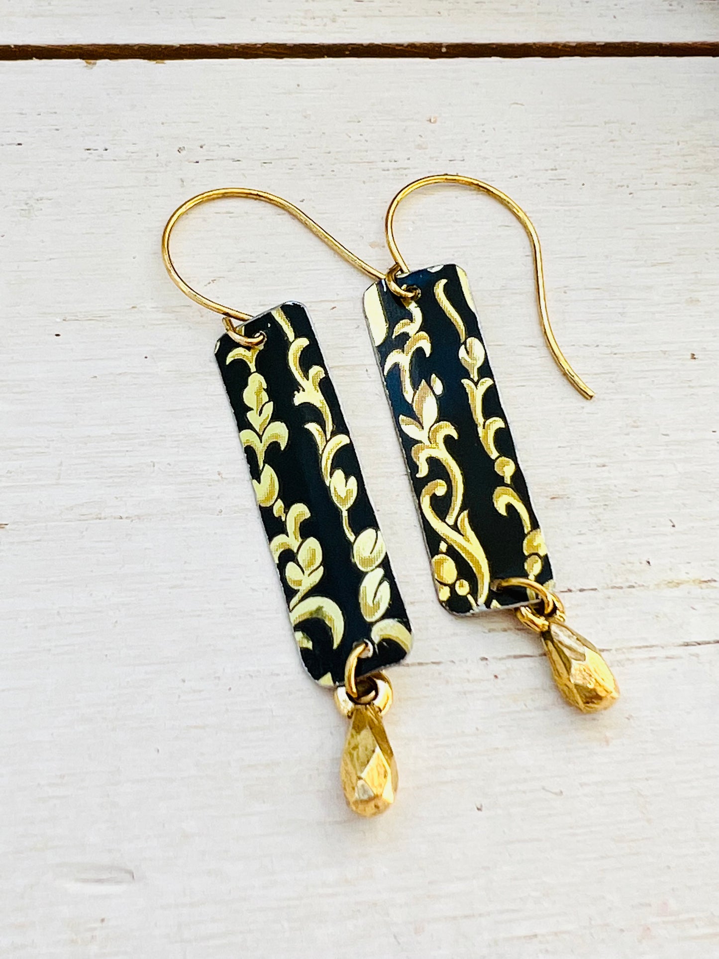 Black and Gold Floral Skinny Rectangle Drop Earrings