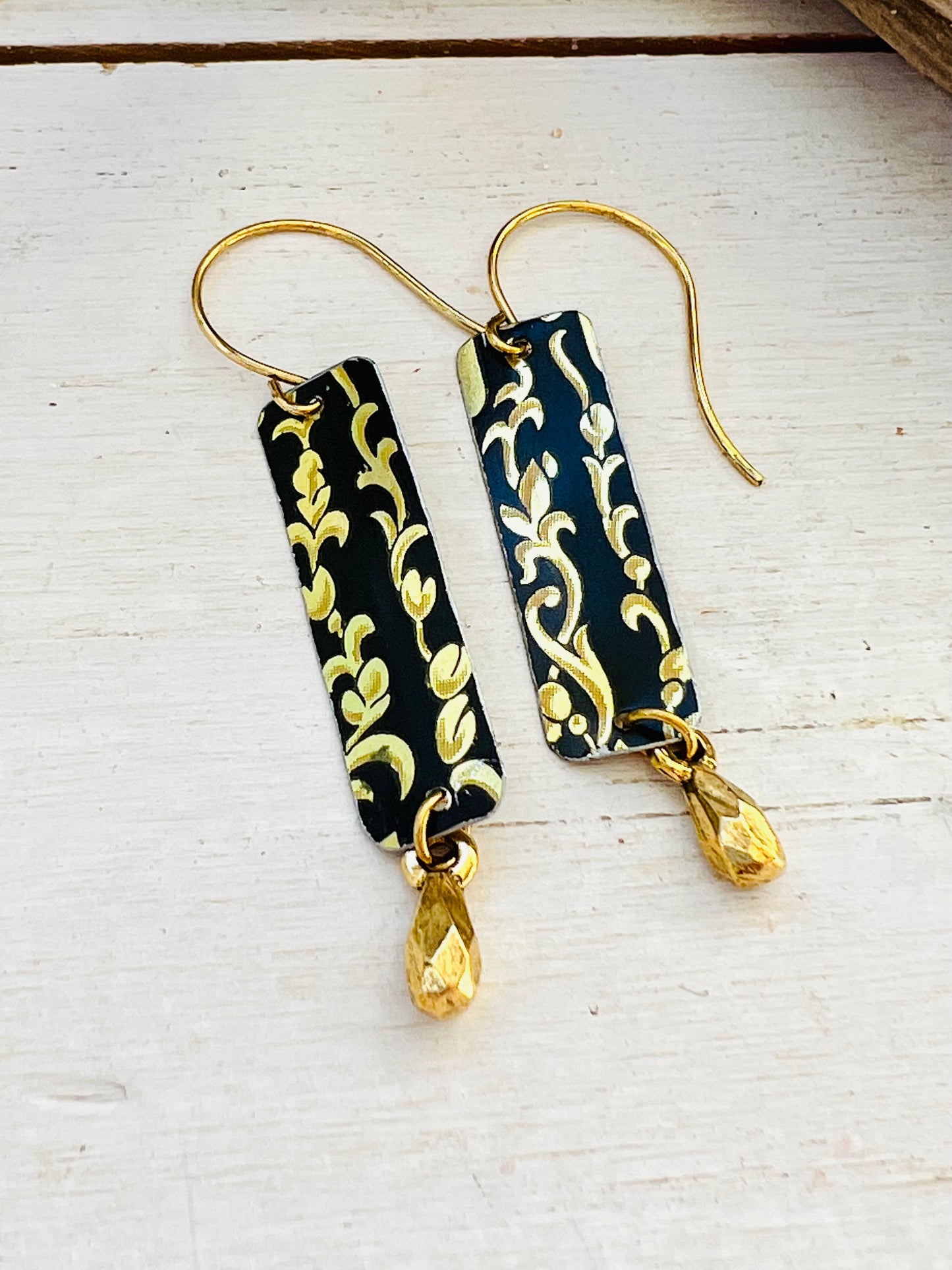 Black and Gold Floral Skinny Rectangle Drop Earrings