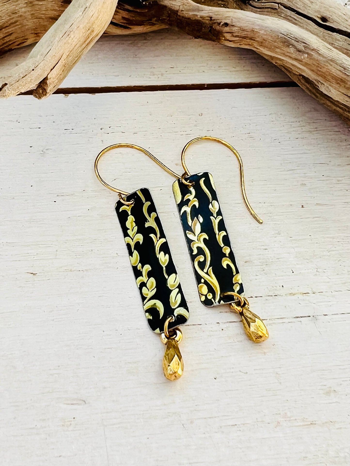 Black and Gold Floral Skinny Rectangle Drop Earrings