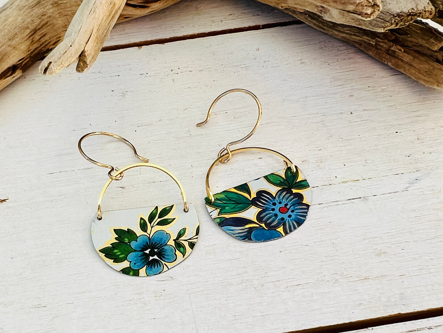 Blue Flower Half Circle Earrings