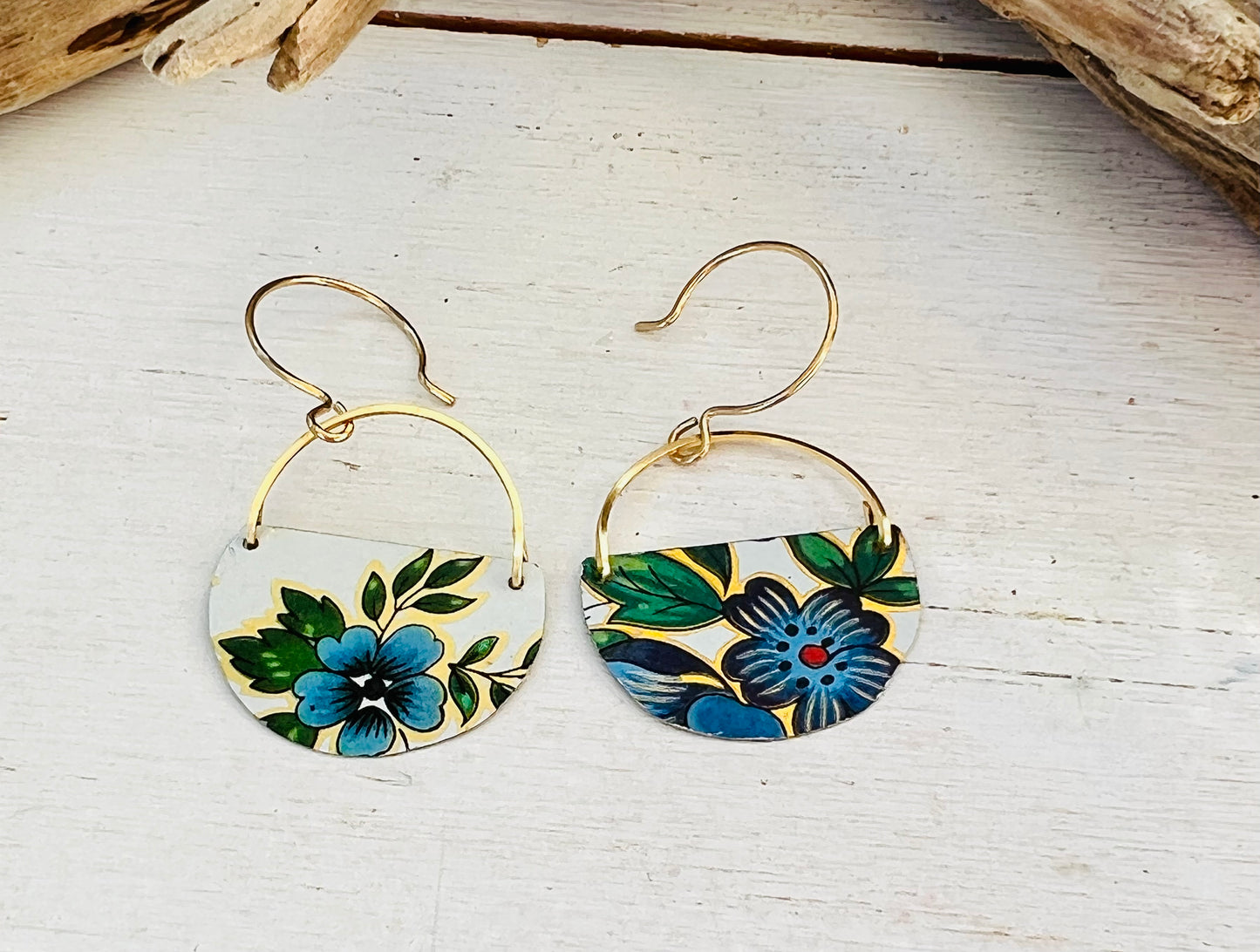 Blue Flower Half Circle Earrings