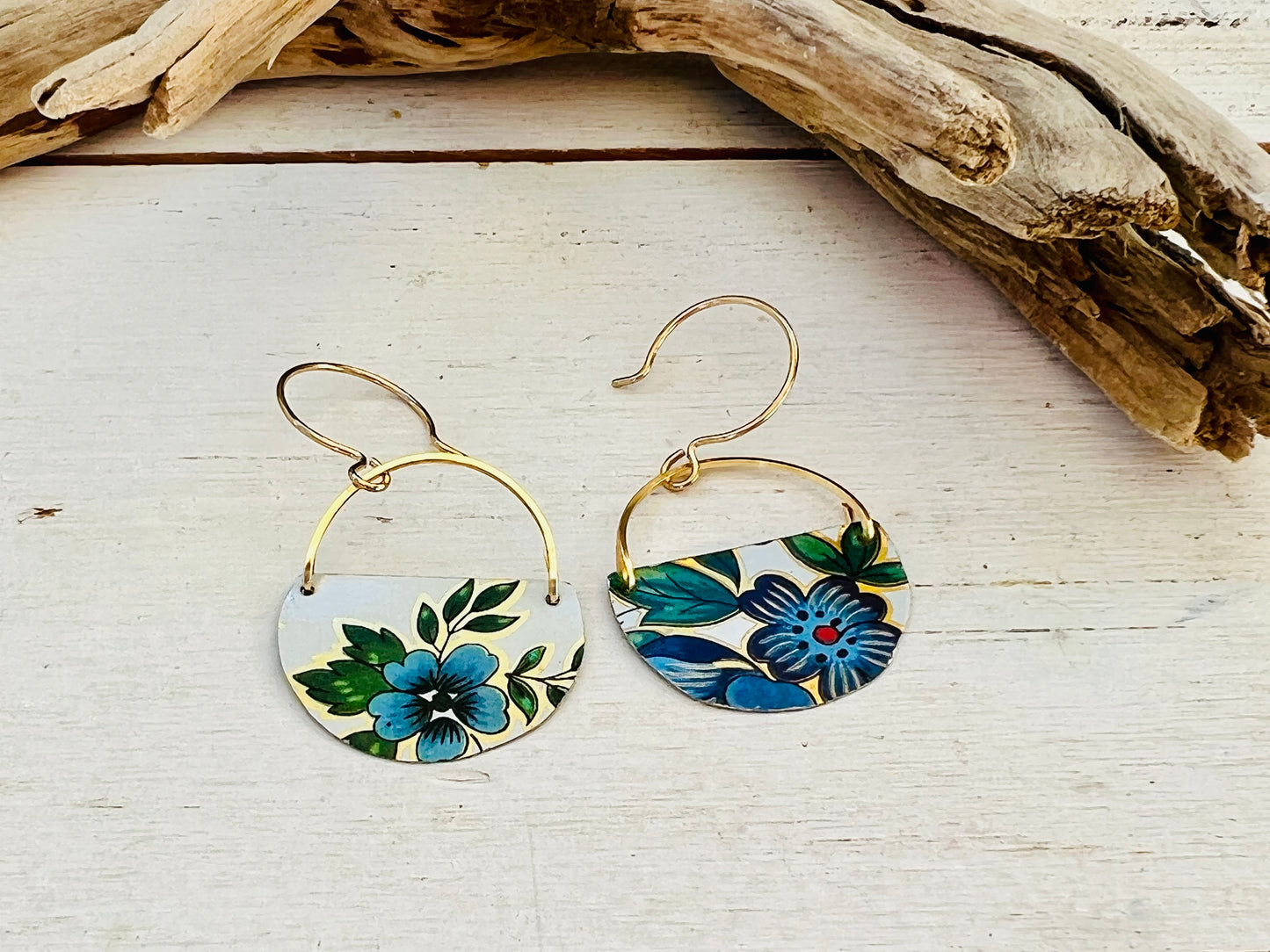 Blue Flower Half Circle Earrings