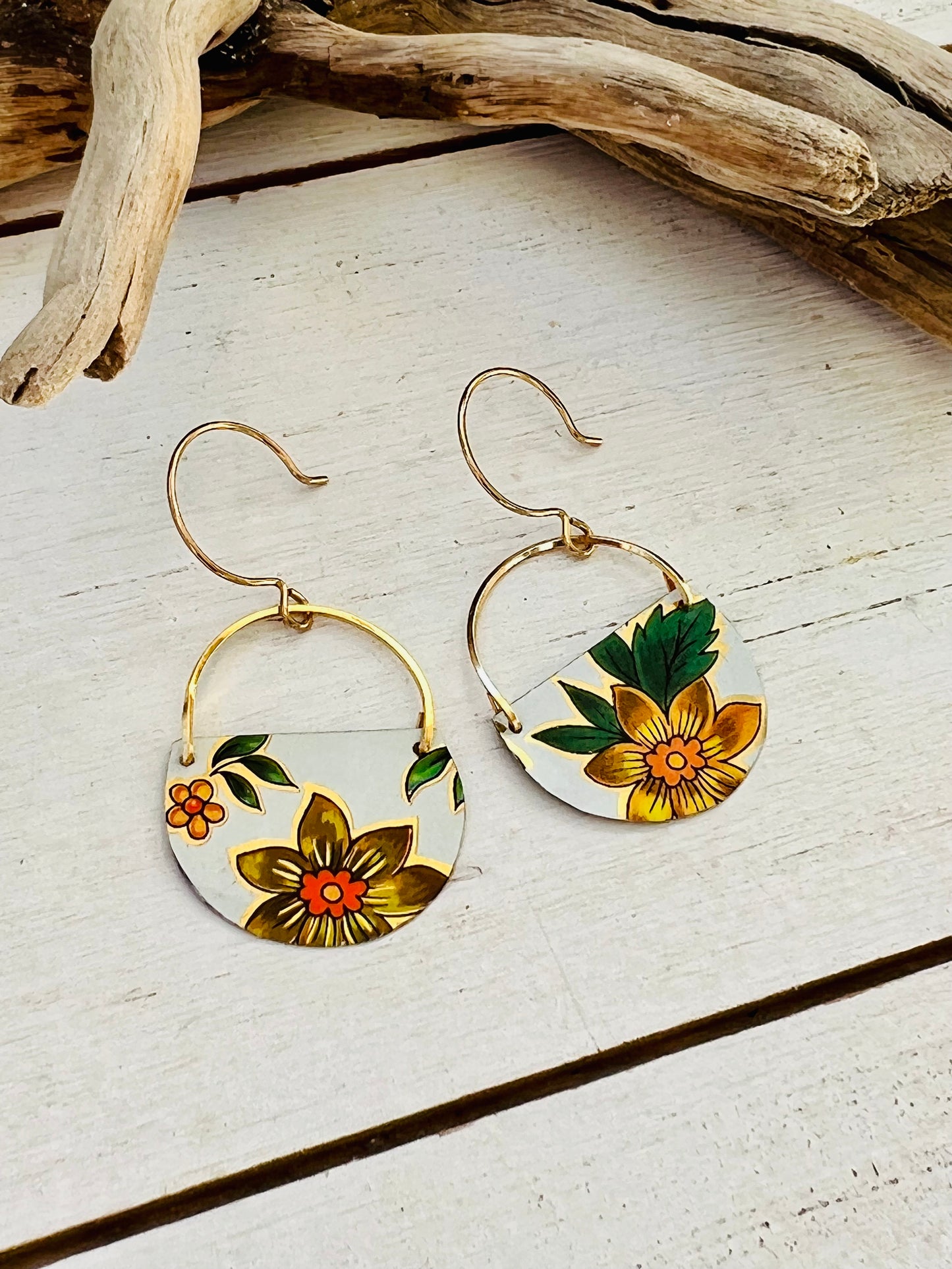 Yellow Flower Half Circle  Earrings - Daffodil Earrings