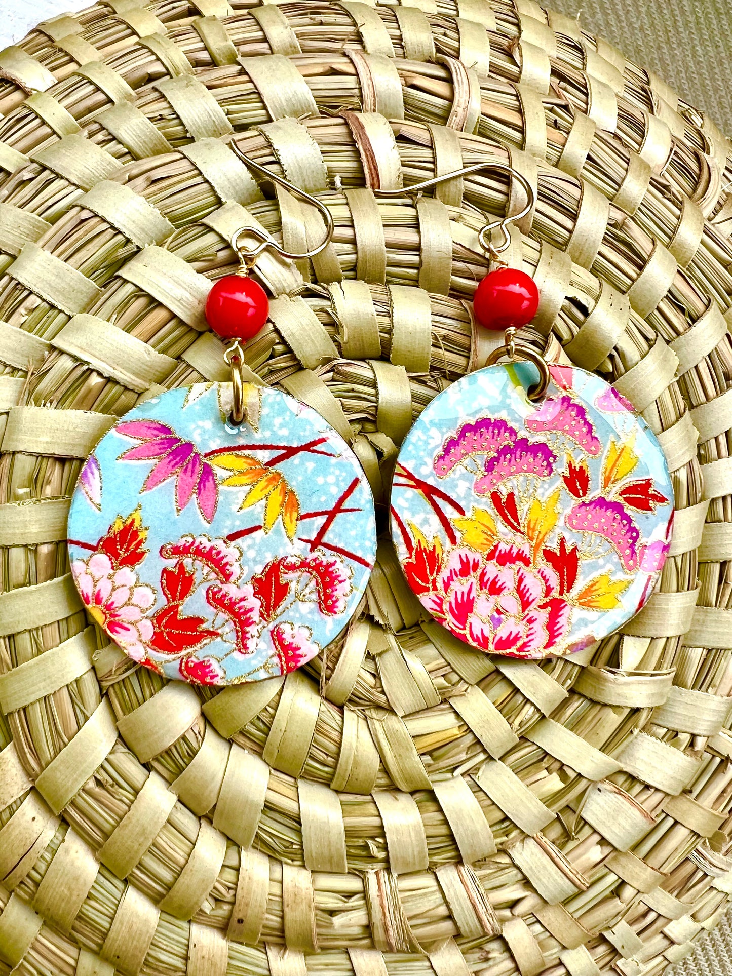 Red Blossom - Blue Chiyogami Earrings