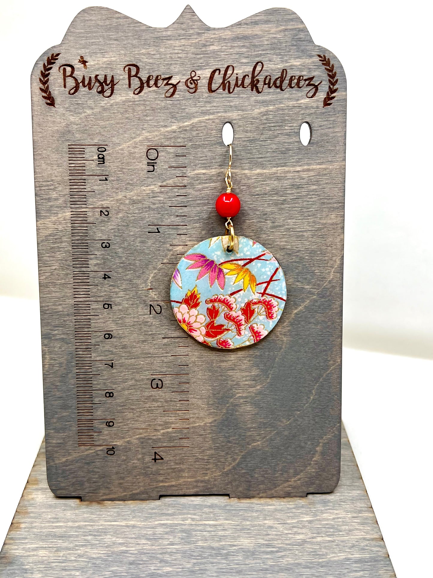 Red Blossom - Blue Chiyogami Earrings