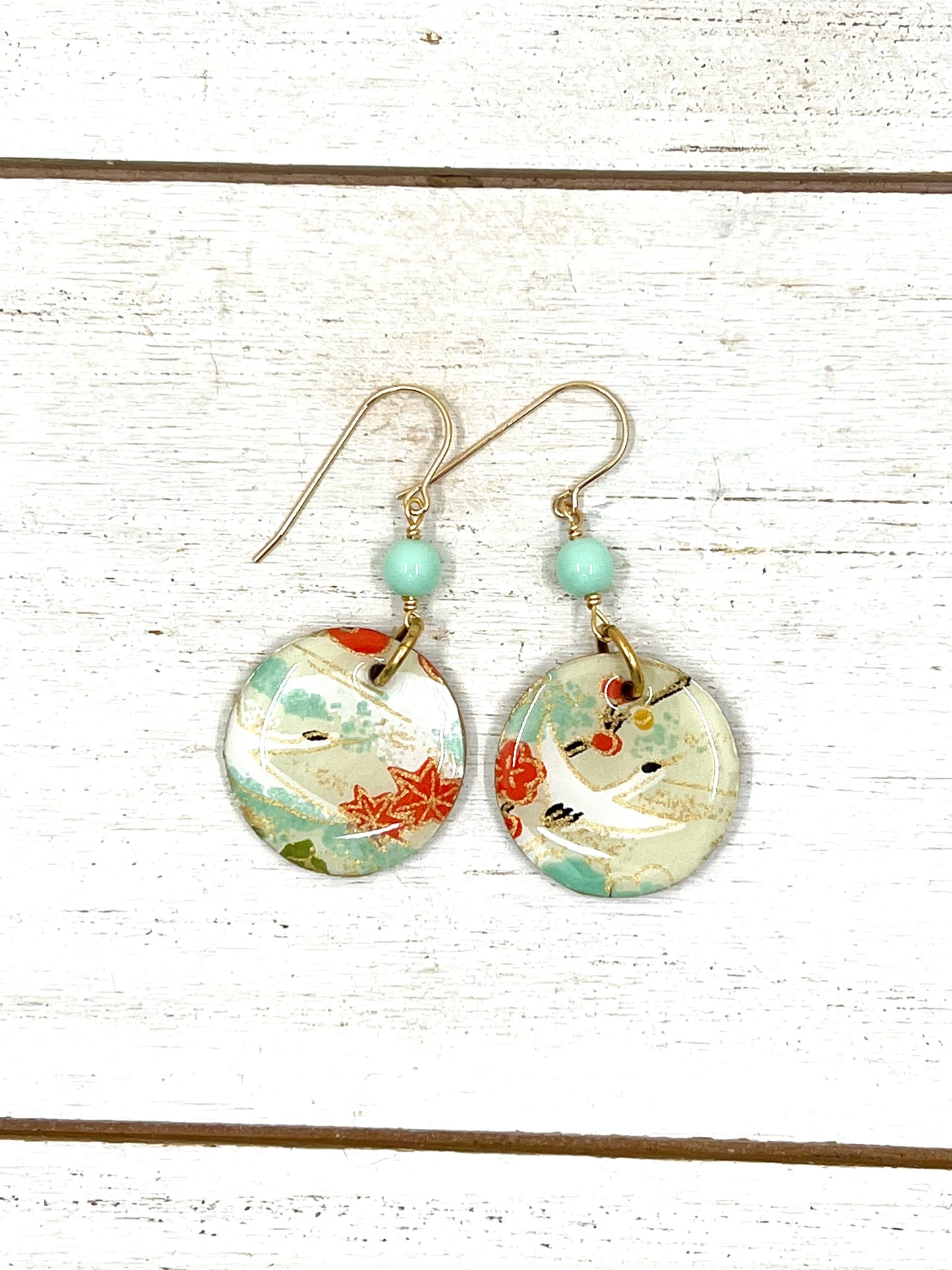 Crane Chiyogami Earrings with Mint Accents