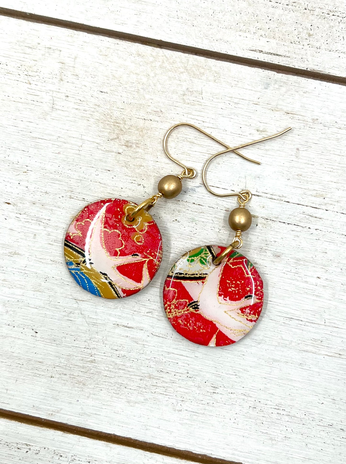 Crane Chiyogami Earrings with Red Background