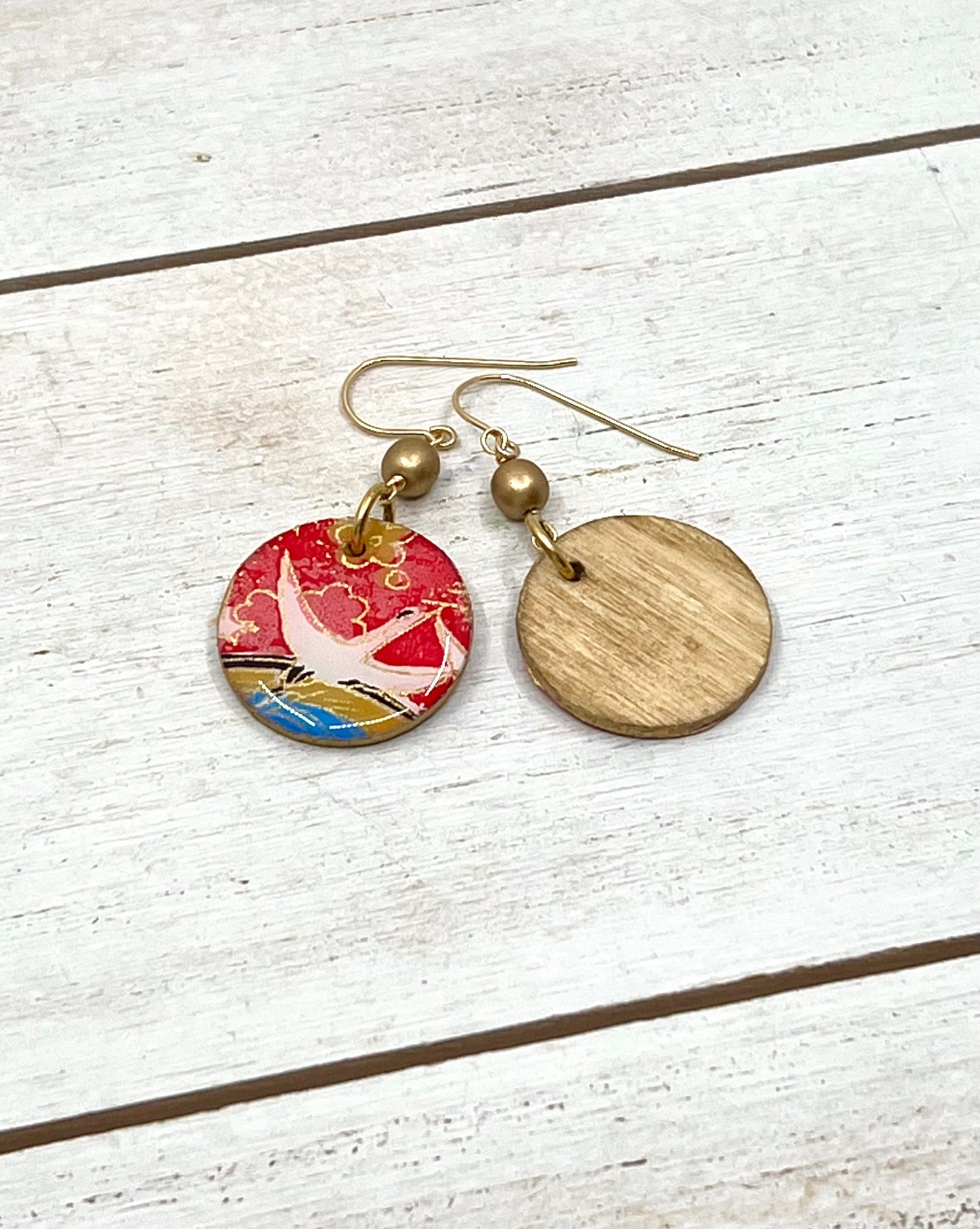 Crane Chiyogami Earrings with Red Background