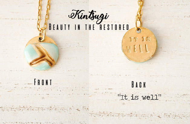 Kintsugi Inspired Pendants - Encouragement Gift - Hand Stamped Double Sided Necklace - Small Circle, Turquoise, Gold