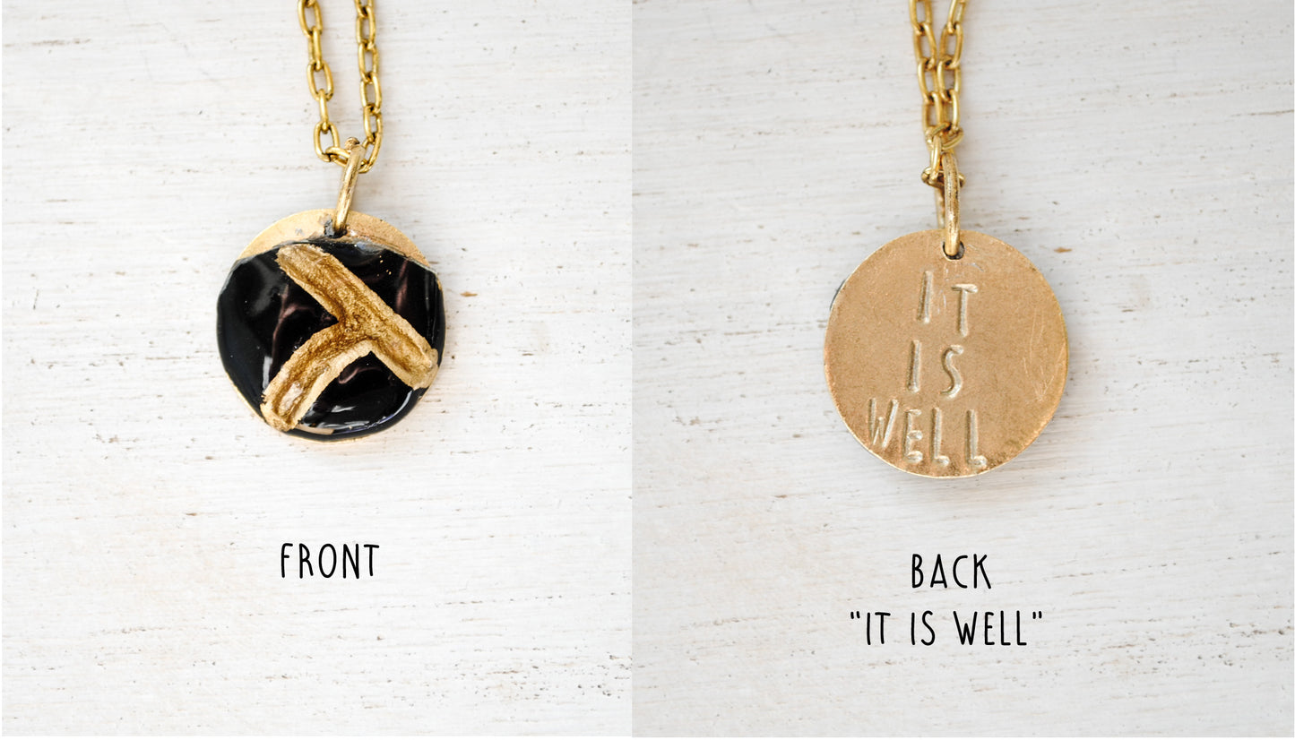 Kintsugi Inspired Pendants - Encouragement Gift - Double Sided Necklace - Small Circle, Black, Gold