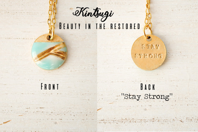 Kintsugi Inspired Pendants - Encouragement Gift - Hand Stamped Double Sided Necklace - Small Circle, Turquoise, Gold