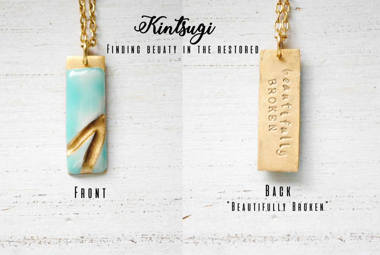 Kintsugi Inspired Pendants - Encouragement Gift - Double Sided Necklace - Hand Stamped - Kintsugi Necklace Rectangle, turquoise, gold