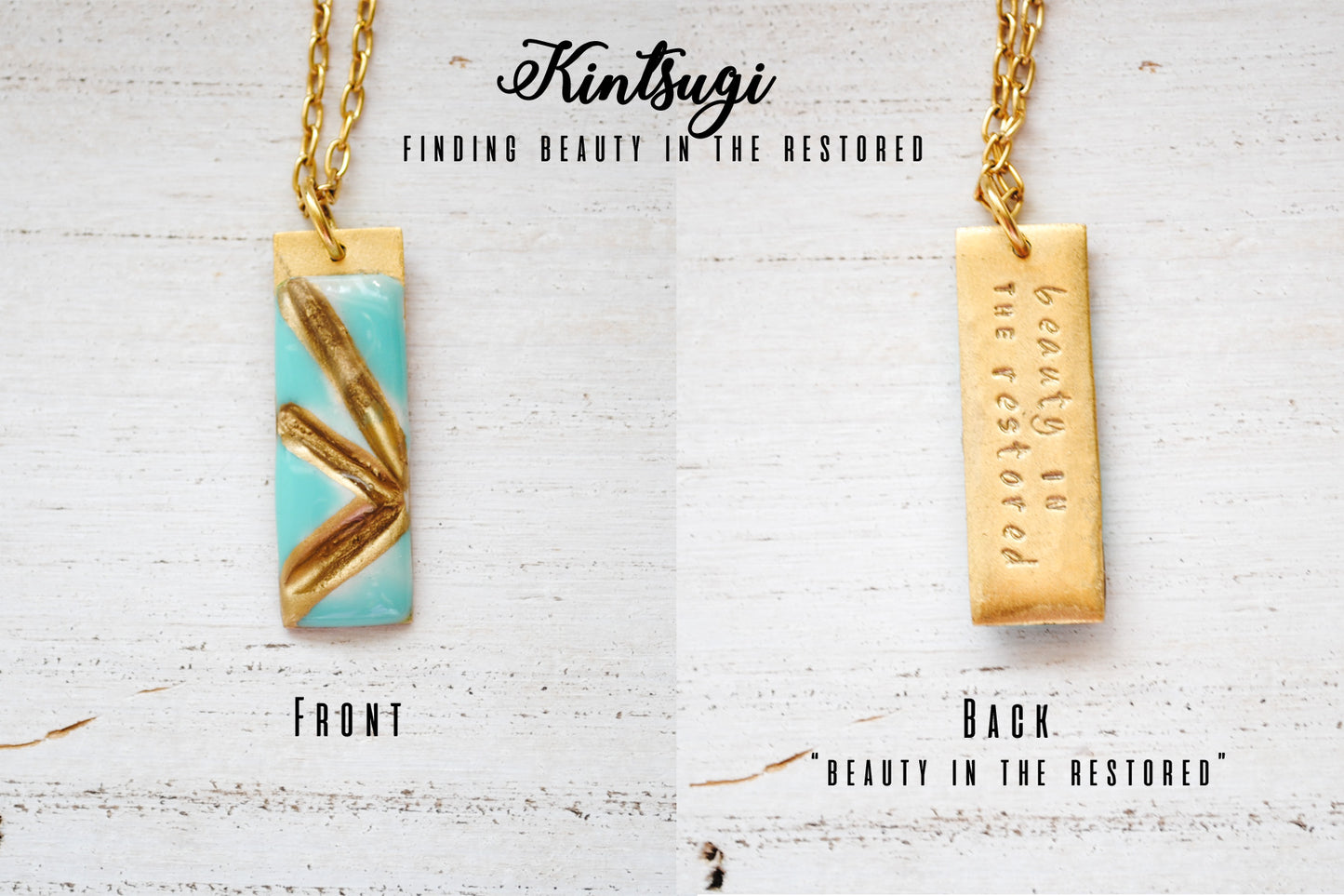 Kintsugi Inspired Pendants - Encouragement Gift - Double Sided Necklace - Hand Stamped - Kintsugi Necklace Rectangle, turquoise, gold