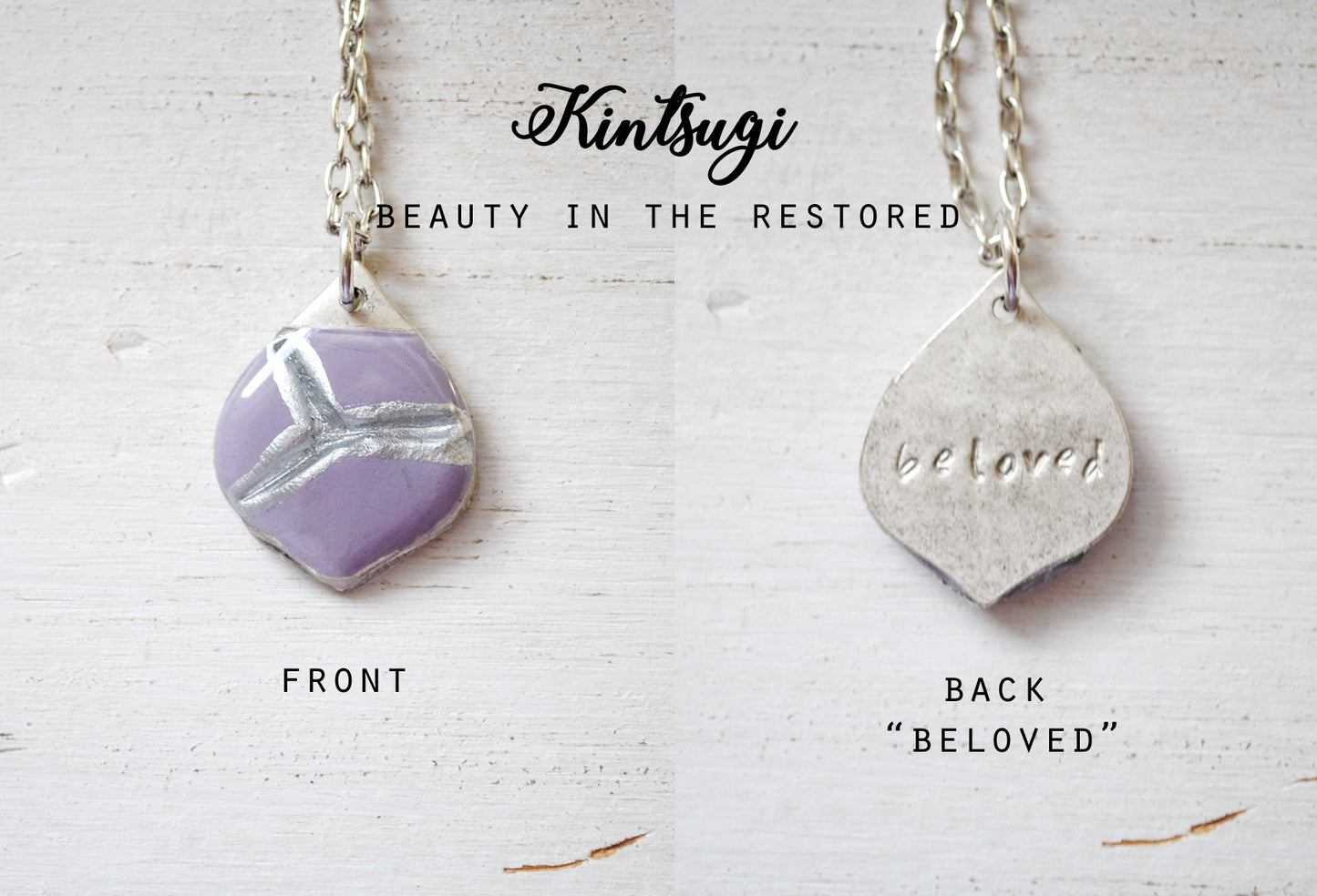 Kintsugi Inspired Pendants - Double Sided Necklace - Hand Stamped - Kintsugi Necklace Marrakesh, hand colorized clay purple, silver