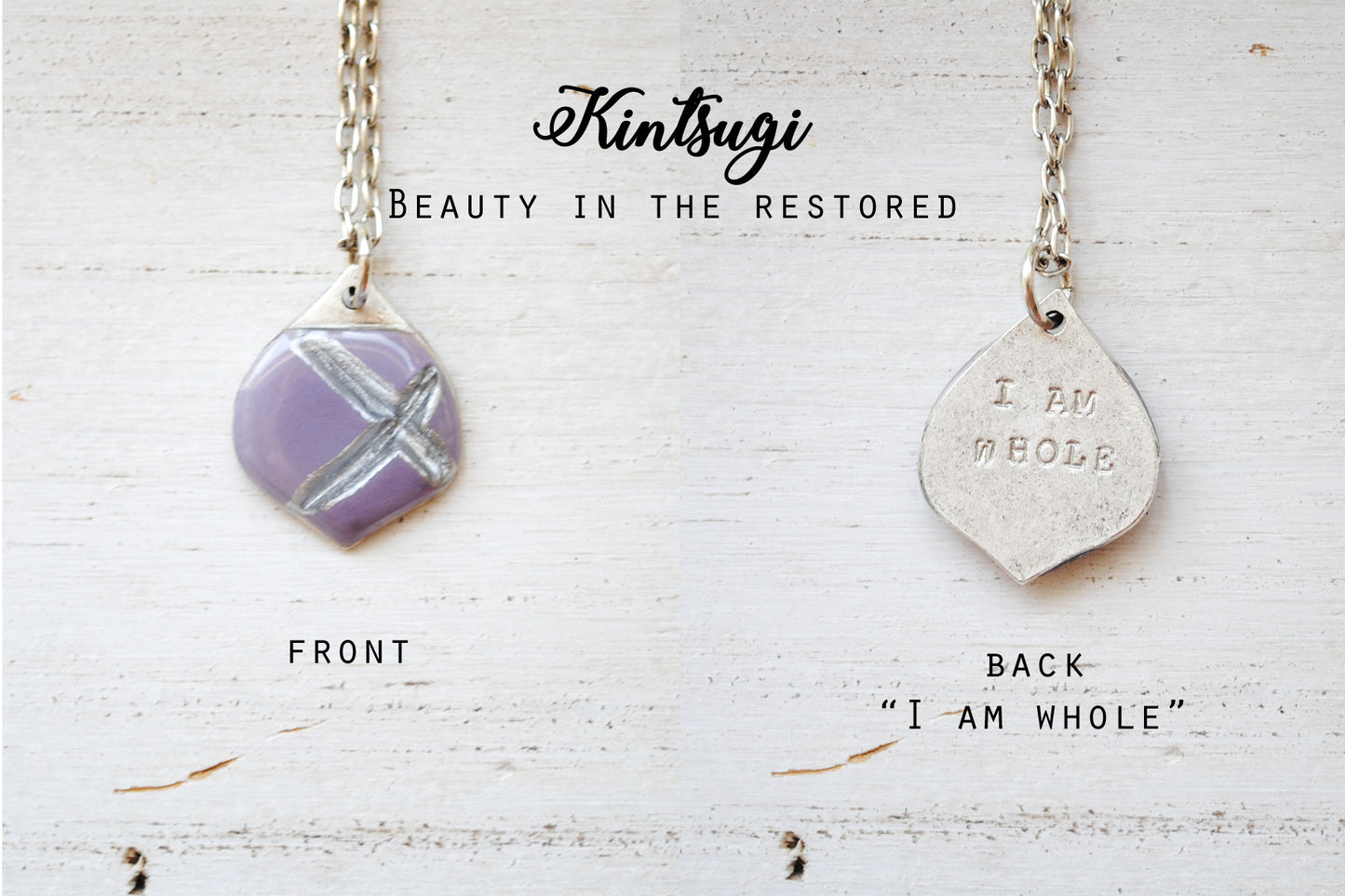 Kintsugi Inspired Pendants - Double Sided Necklace - Hand Stamped - Kintsugi Necklace Marrakesh, hand colorized clay purple, silver