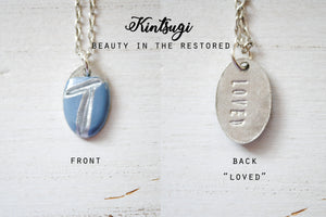 Kintsugi Inspired Pendants - Double Sided Necklace - Hand Stamped - Kintsugi Necklace Oval, hand colorized clay blue, silver