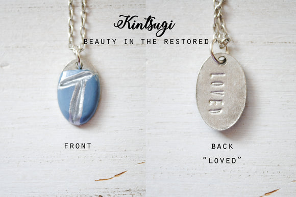 Kintsugi Inspired Pendants - Double Sided Necklace - Hand Stamped - Kintsugi Necklace Oval, hand colorized clay blue, silver