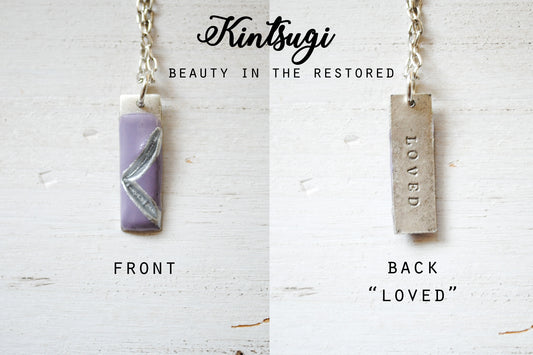 Kintsugi Inspired Pendants - Double Sided Necklace - Hand Stamped - Kintsugi Necklace Small Rectangle, hand colorized clay purple, silver