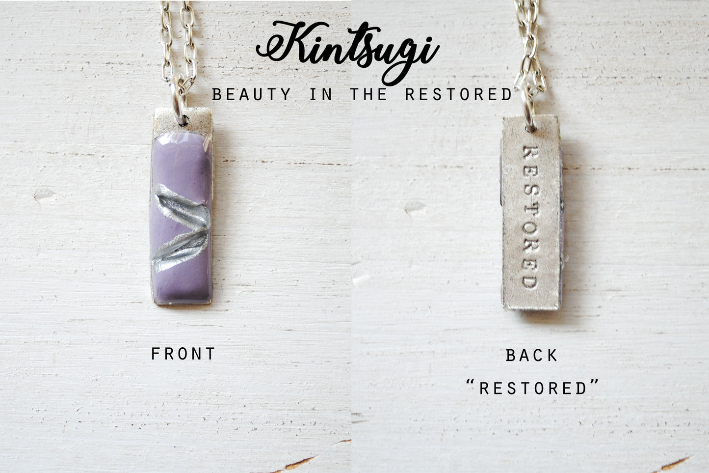 Kintsugi Inspired Pendants - Double Sided Necklace - Hand Stamped - Kintsugi Necklace Small Rectangle, hand colorized clay purple, silver