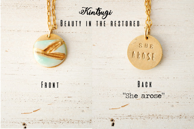 Kintsugi Inspired Pendants - Encouragement Gift - Hand Stamped Double Sided Necklace - Small Circle, Turquoise, Gold