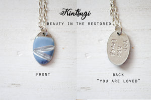 Kintsugi Inspired Pendants - Double Sided Necklace - Hand Stamped - Kintsugi Necklace Oval, hand colorized clay blue, silver