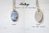 Kintsugi Inspired Pendants - Double Sided Necklace - Hand Stamped - Kintsugi Necklace Oval, hand colorized clay blue, silver